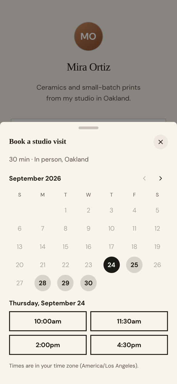The booking calendar sliding up on a OneLink page