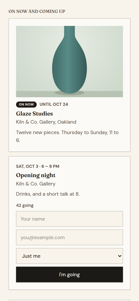An exhibition marked On now, and an event taking RSVPs