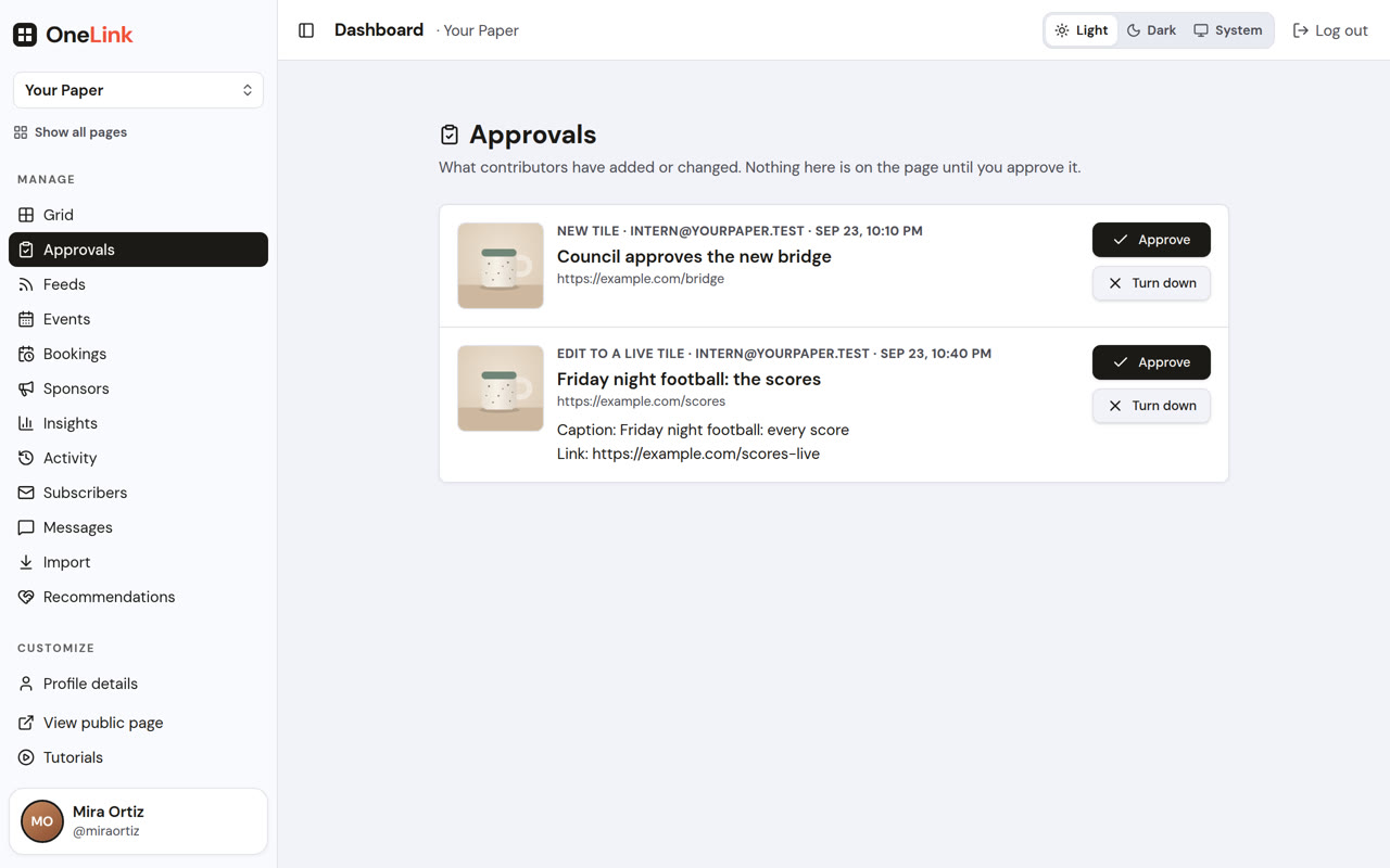Roles and approvals on a OneLink page