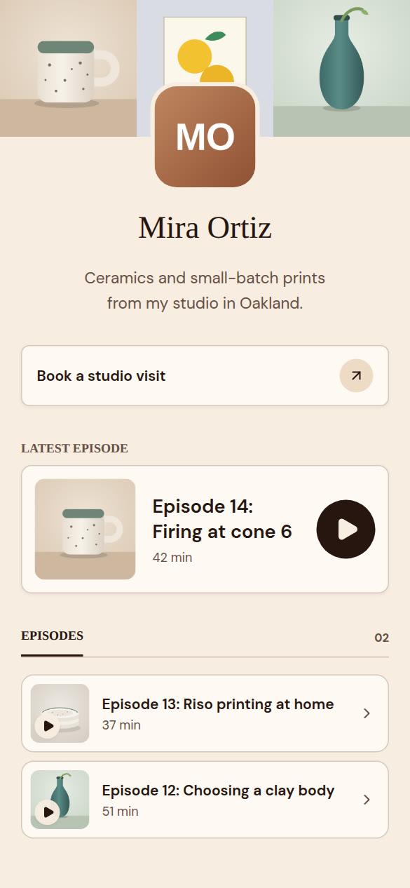 A OneLink page in the On Air design with the latest podcast episode in a large card