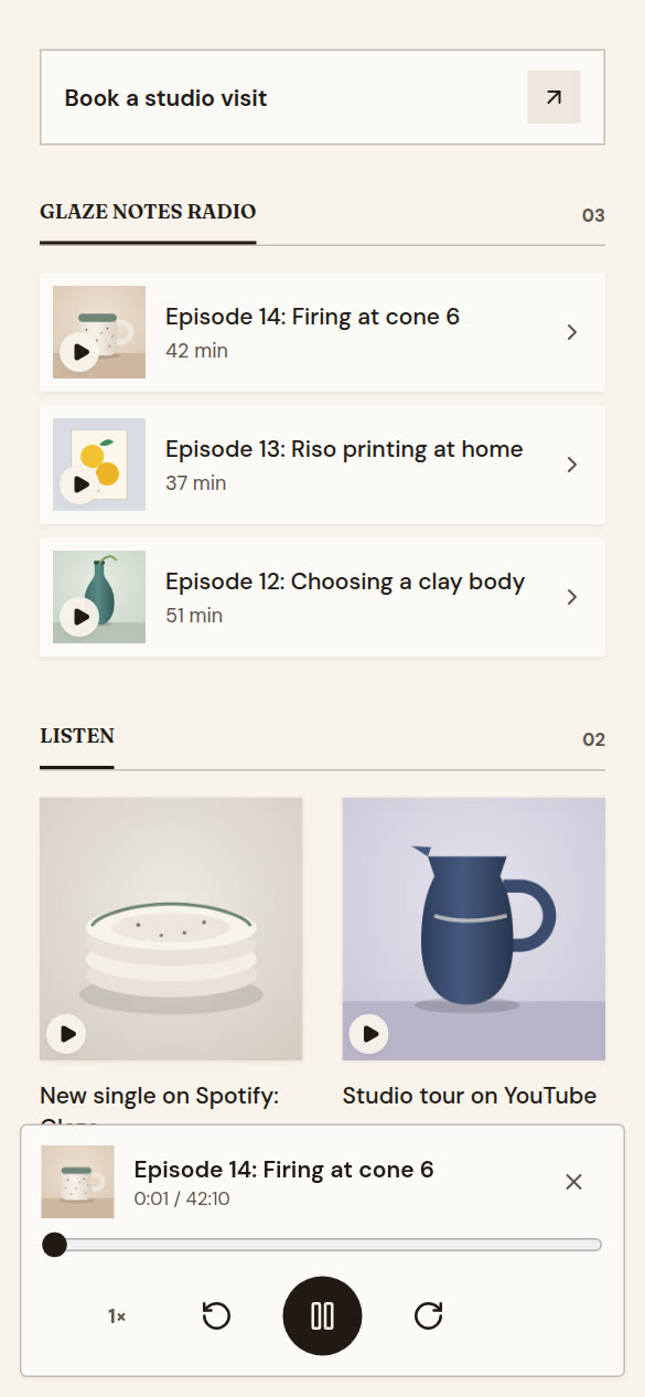 A podcast episode playing at the bottom of a OneLink page