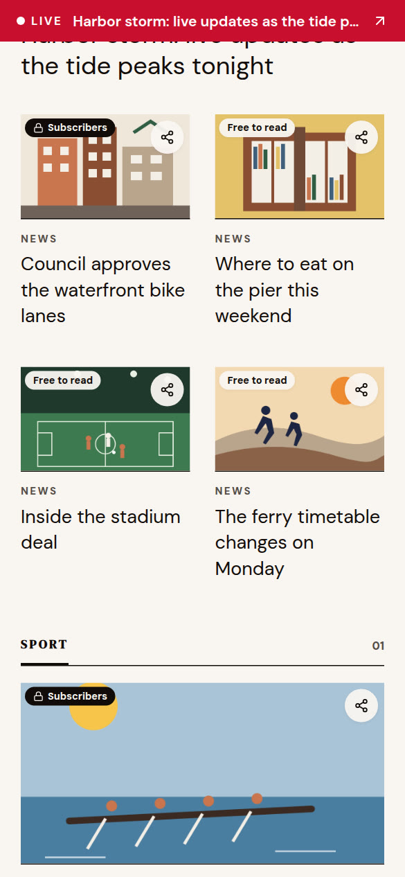 A news page with Free to read and Subscribers labels on each story