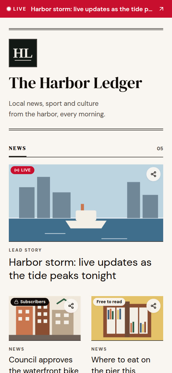 A red Live banner across the top of a news page