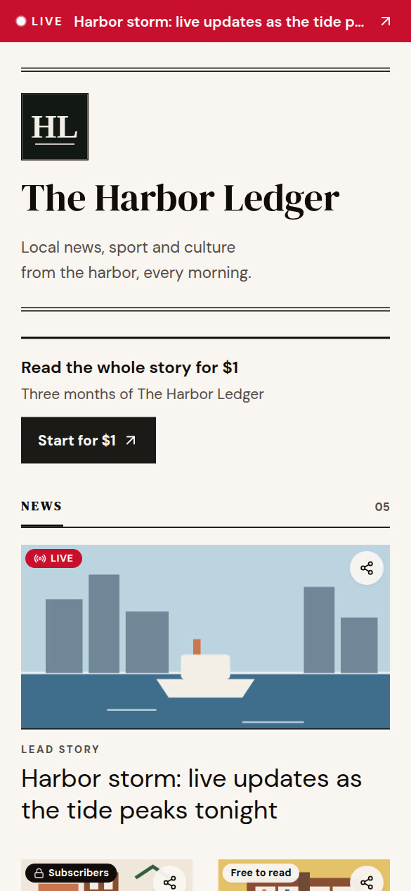 A news page with an offer card near the top: read the whole story for one dollar