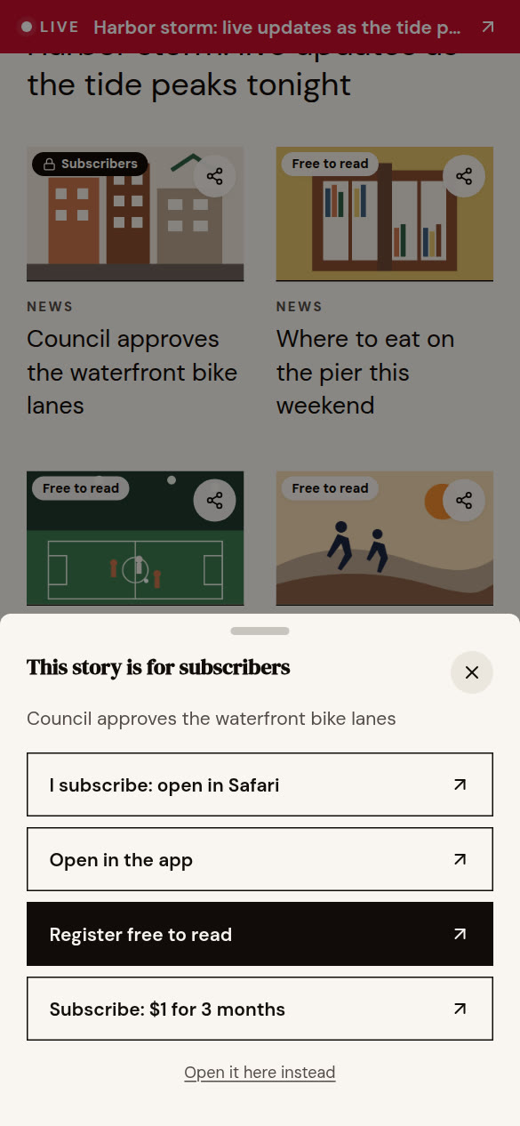 A card that offers subscribers, registration and a trial as ways to read a story