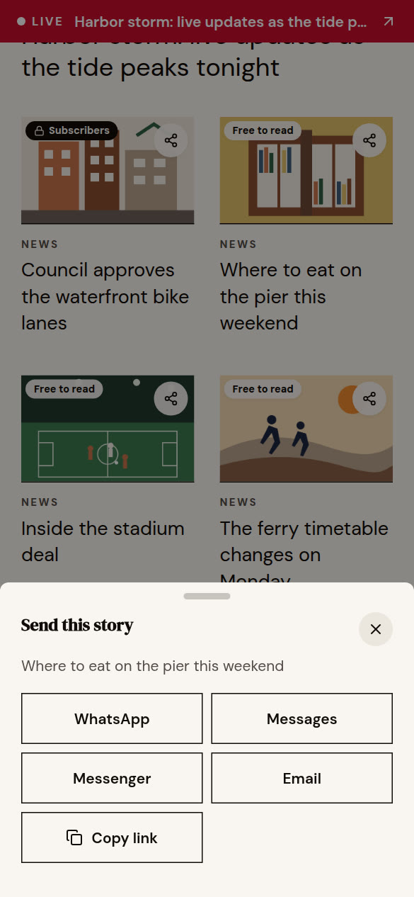 A sheet with WhatsApp, Messages, Messenger and email buttons for sending a story