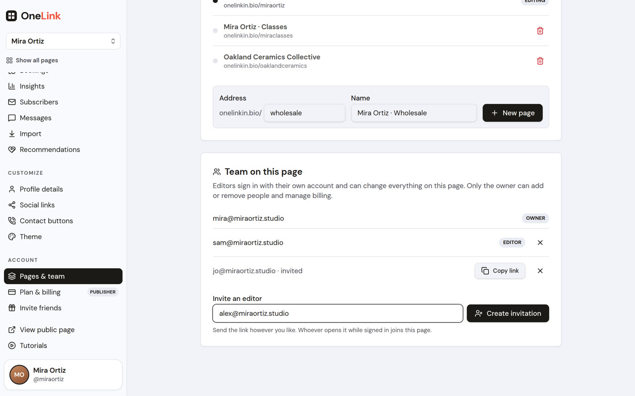 A team on a OneLink page